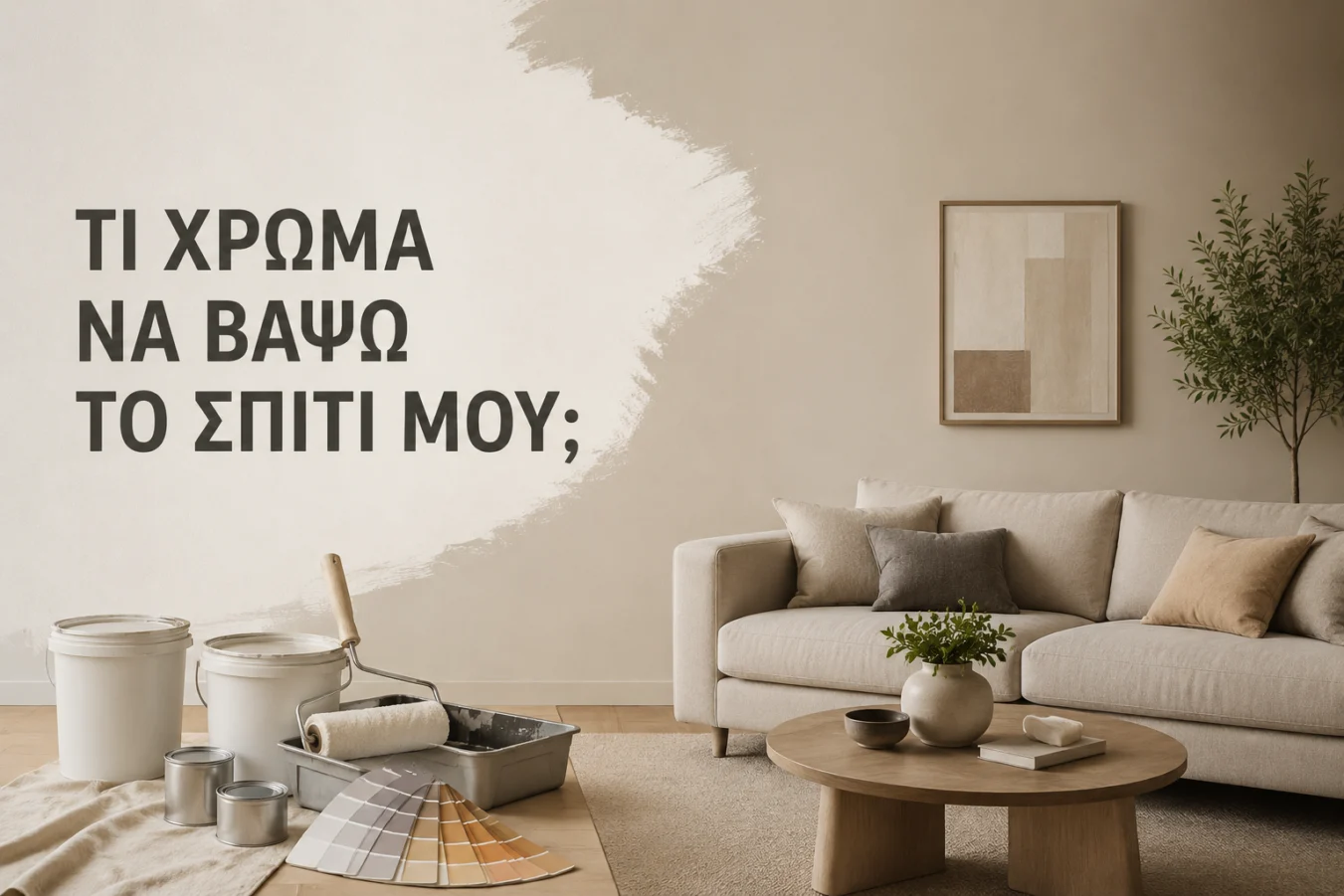 Σαλόνι σε γήινους τόνους με καναπέ και εργαλεία βαψίματος στο προσκήνιο