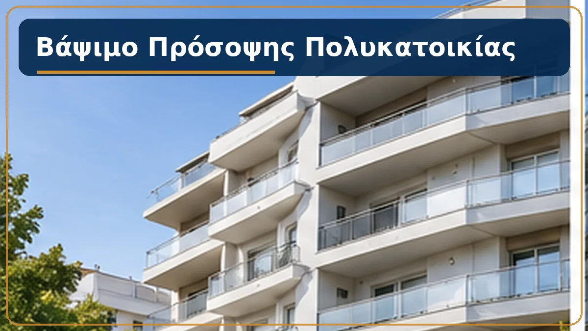 Βάψιμο λευκής πρόσοψης πολυκατοικίας στην Αθήνα