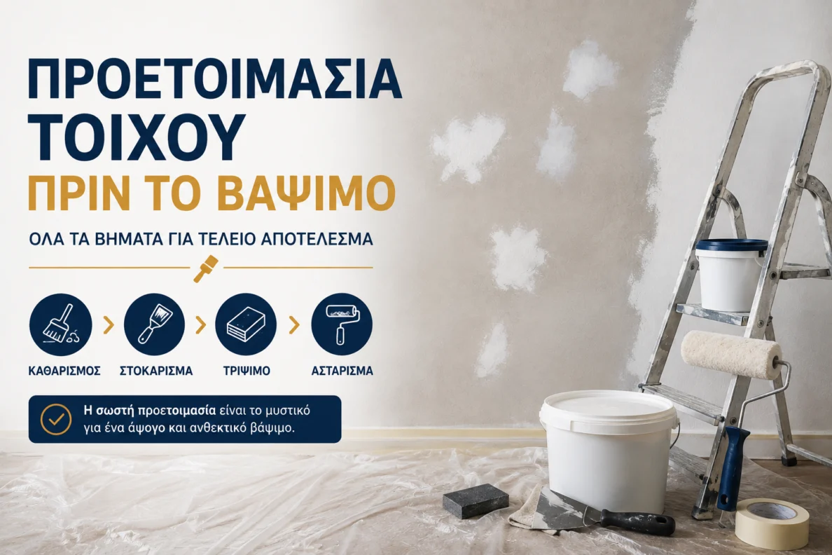 Γκρίζος τοίχος με στοκαρισμένα σημεία, σκάλα, κουβάς και ρολό βαφής