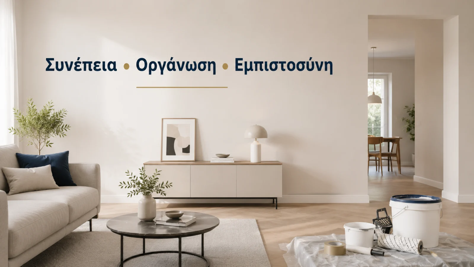 Καθαρό σαλόνι με εργαλεία βαφής και οργανωμένη προετοιμασία χώρου