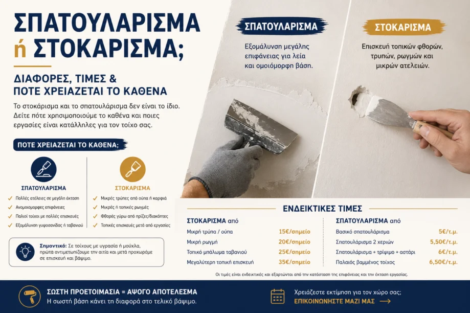 Infographic για σπατουλάρισμα και στοκάρισμα τοίχου με δύο διαφορετικές εφαρμογές